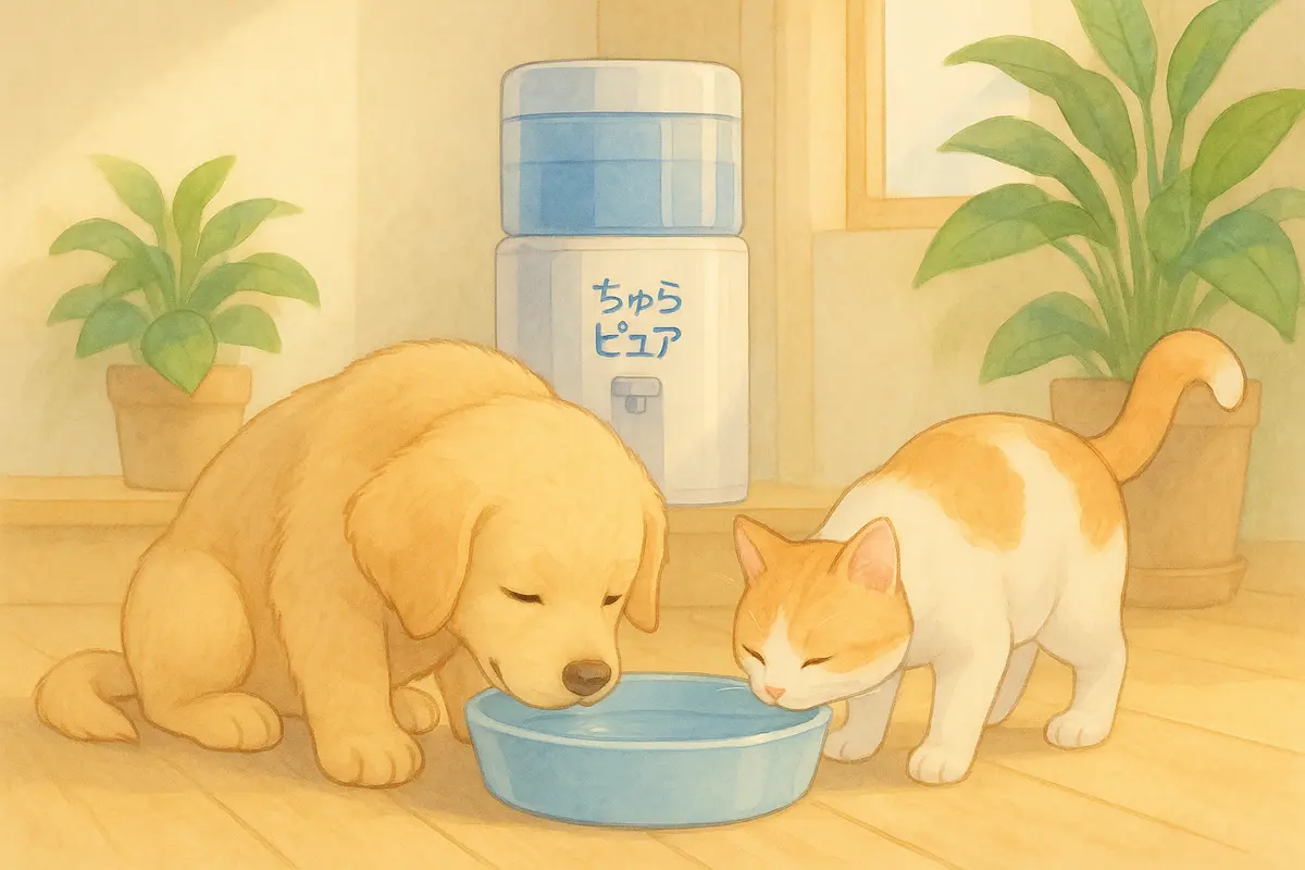 犬猫がボウルに入ったきれいな水を飲んでいる様子