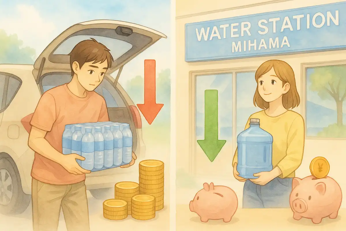 ペットボトル水と貯金箱を並べて、水の節約をイメージした画像